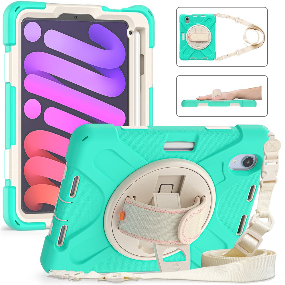 For iPad mini (2024) / mini (2021) Hand Band Design Hybrid Tablet Cover 360° Swivel Kickstand Case with Shoulder Strap