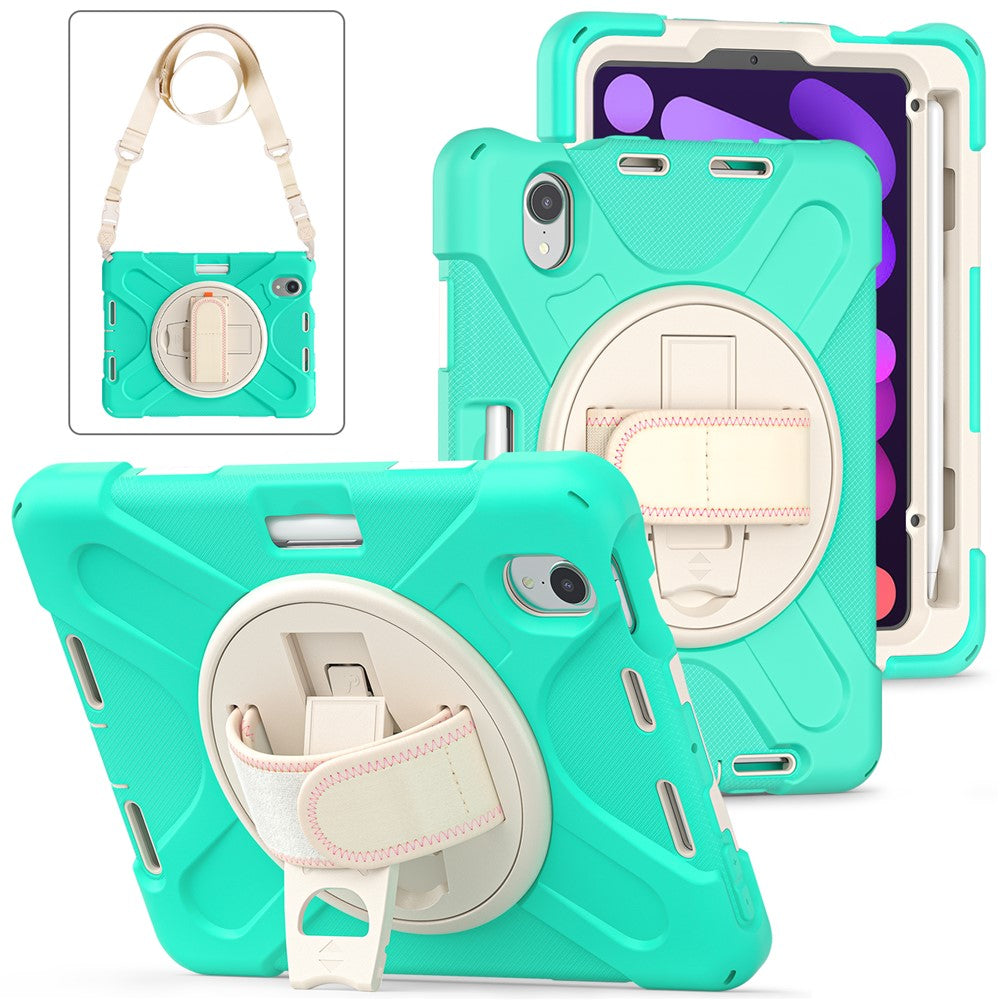 For iPad mini (2024) / mini (2021) Hand Band Design Hybrid Tablet Cover 360° Swivel Kickstand Case with Shoulder Strap