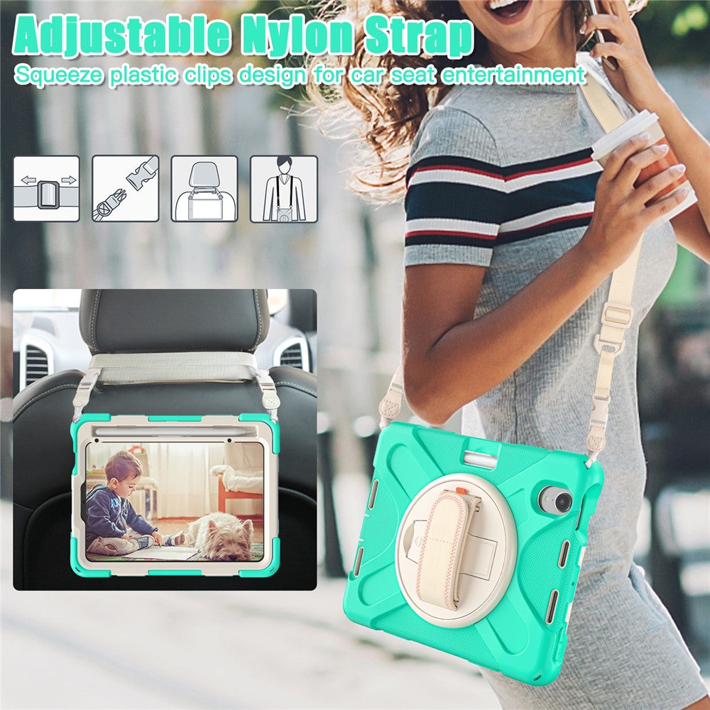 For iPad mini (2024) / mini (2021) Hand Band Design Hybrid Tablet Cover 360° Swivel Kickstand Case with Shoulder Strap