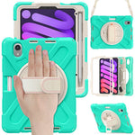 For iPad mini (2024) / mini (2021) Hand Band Design Hybrid Tablet Cover 360° Swivel Kickstand Case with Shoulder Strap