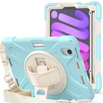 For iPad mini (2024) / mini (2021) Hand Band Design Hybrid Tablet Cover 360° Swivel Kickstand Case with Shoulder Strap