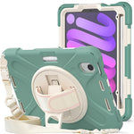 For iPad mini (2024) / mini (2021) Hand Band Design Hybrid Tablet Cover 360° Swivel Kickstand Case with Shoulder Strap
