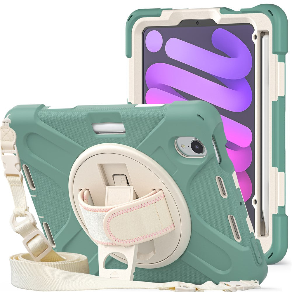 For iPad mini (2024) / mini (2021) Hand Band Design Hybrid Tablet Cover 360° Swivel Kickstand Case with Shoulder Strap