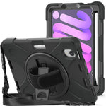 For iPad mini (2024) / mini (2021) Hand Band Design Hybrid Tablet Cover 360° Swivel Kickstand Case with Shoulder Strap