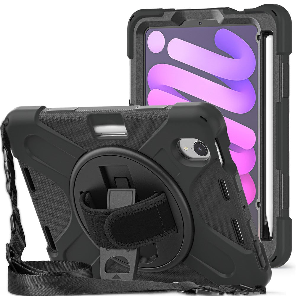 For iPad mini (2024) / mini (2021) Hand Band Design Hybrid Tablet Cover 360° Swivel Kickstand Case with Shoulder Strap