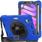 For iPad mini (2024) / mini (2021) Hand Band Design Hybrid Tablet Cover 360° Swivel Kickstand Case with Shoulder Strap