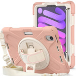 For iPad mini (2024) / mini (2021) Hand Band Design Hybrid Tablet Cover 360° Swivel Kickstand Case with Shoulder Strap