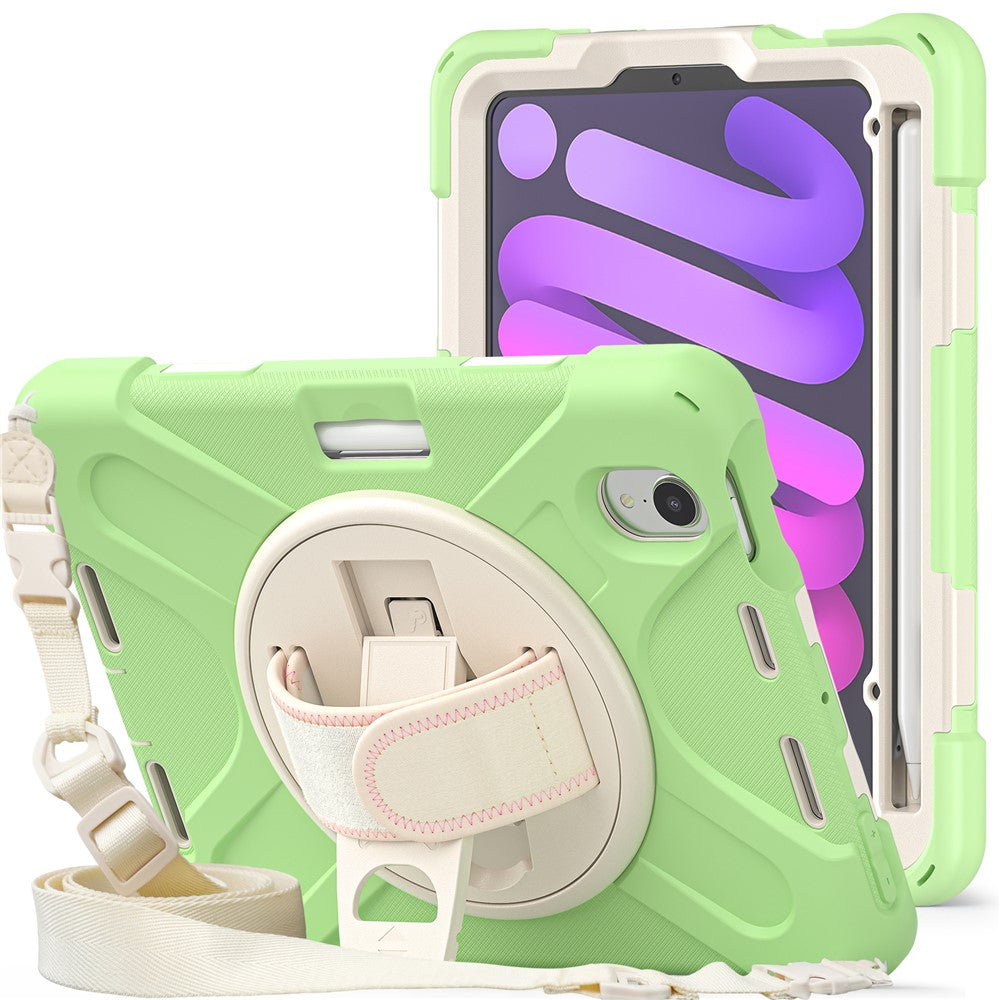For iPad mini (2024) / mini (2021) Hand Band Design Hybrid Tablet Cover 360° Swivel Kickstand Case with Shoulder Strap