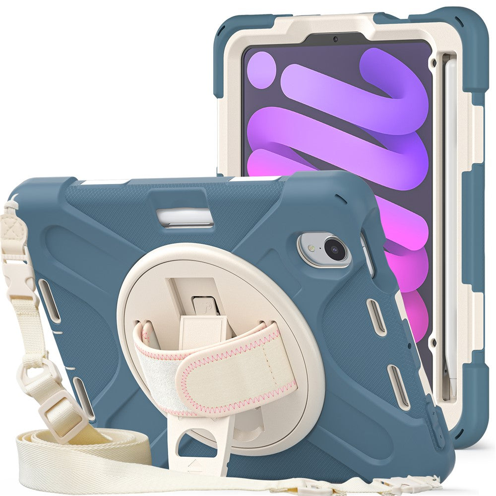 For iPad mini (2024) / mini (2021) Hand Band Design Hybrid Tablet Cover 360° Swivel Kickstand Case with Shoulder Strap
