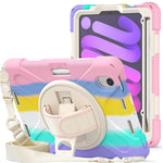 For iPad mini (2024) / mini (2021) Hand Band Design Hybrid Tablet Cover 360° Swivel Kickstand Case with Shoulder Strap