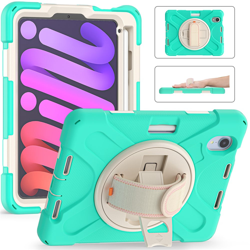 PC + Silicone Hybrid Case Cover Shell with Hand Band 360° Swiveling Kickstand for iPad mini (2024) / mini (2021)