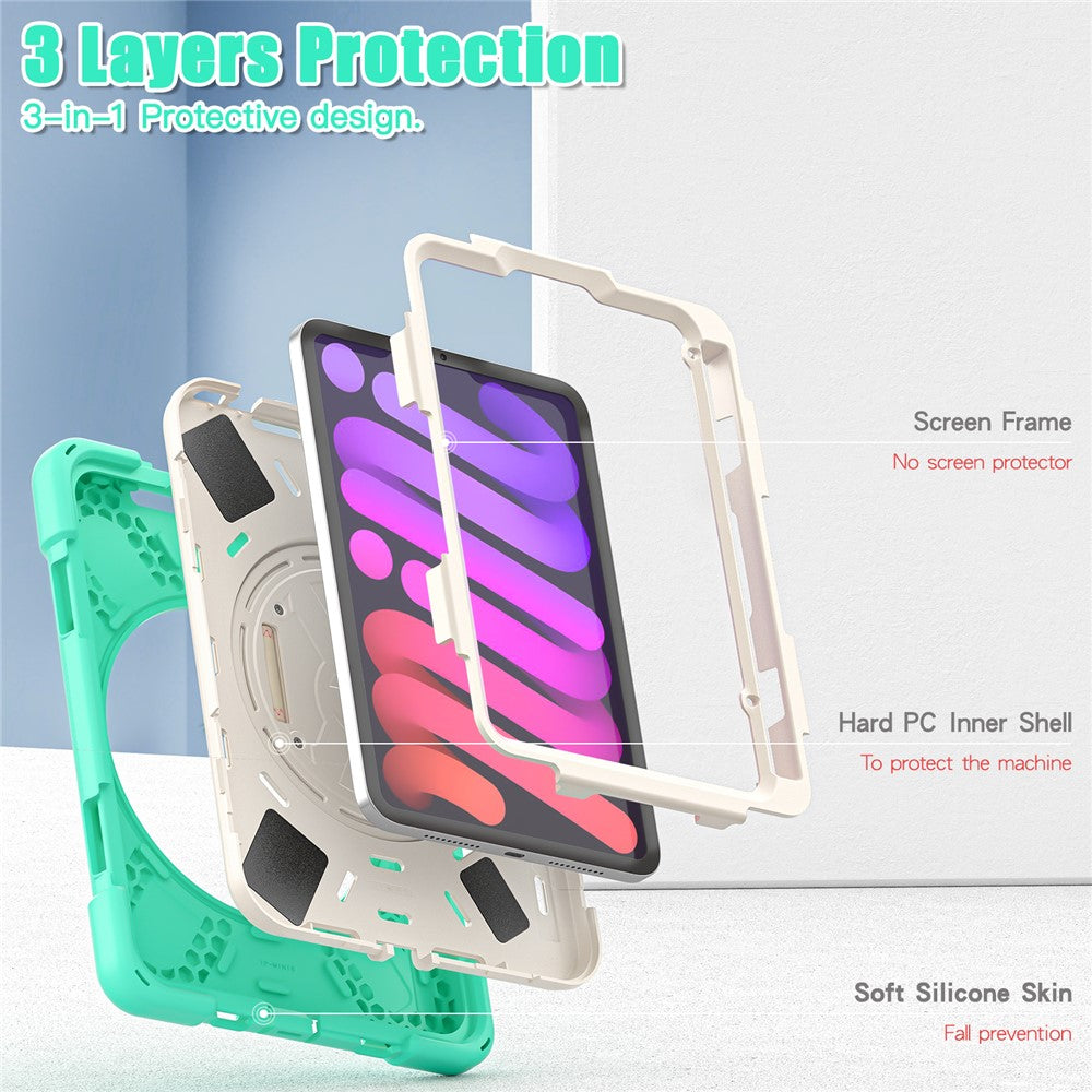 PC + Silicone Hybrid Case Cover Shell with Hand Band 360° Swiveling Kickstand for iPad mini (2024) / mini (2021)