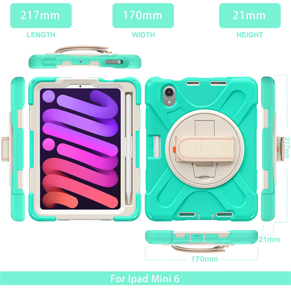 PC + Silicone Hybrid Case Cover Shell with Hand Band 360° Swiveling Kickstand for iPad mini (2024) / mini (2021)