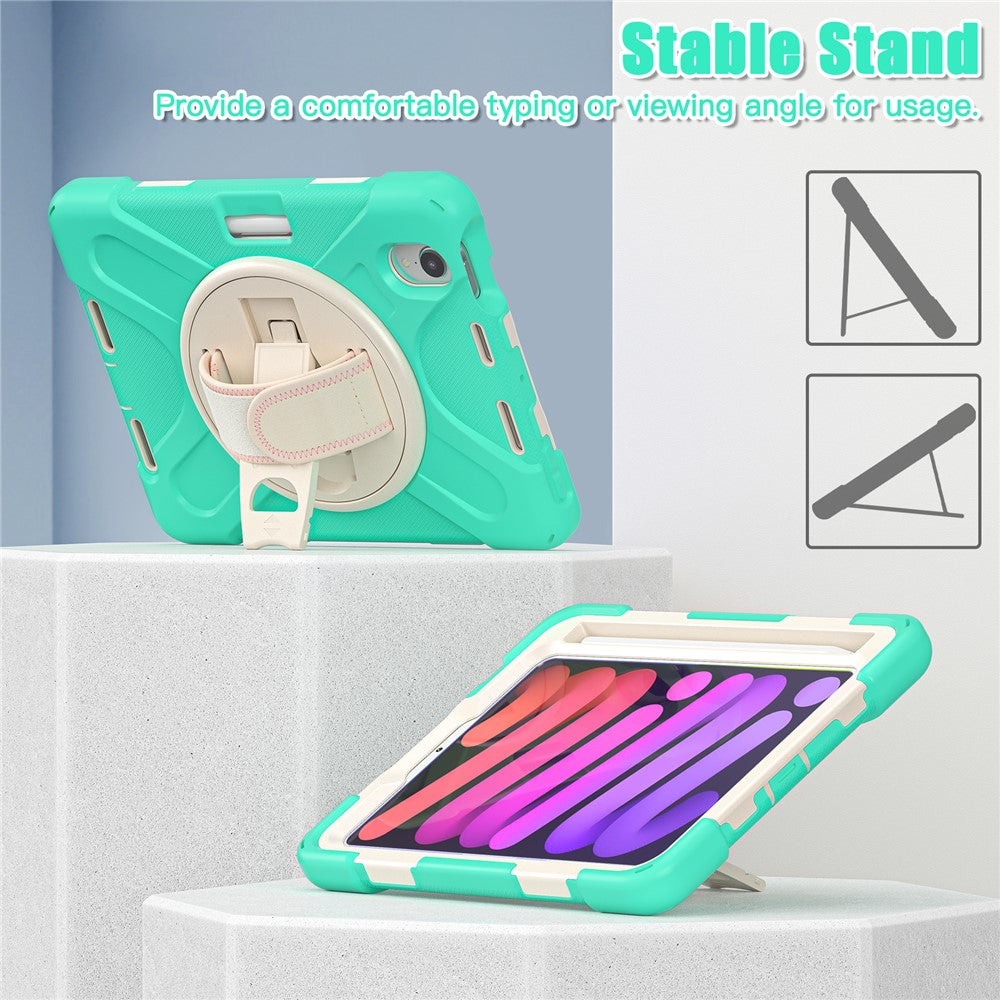 PC + Silicone Hybrid Case Cover Shell with Hand Band 360° Swiveling Kickstand for iPad mini (2024) / mini (2021)