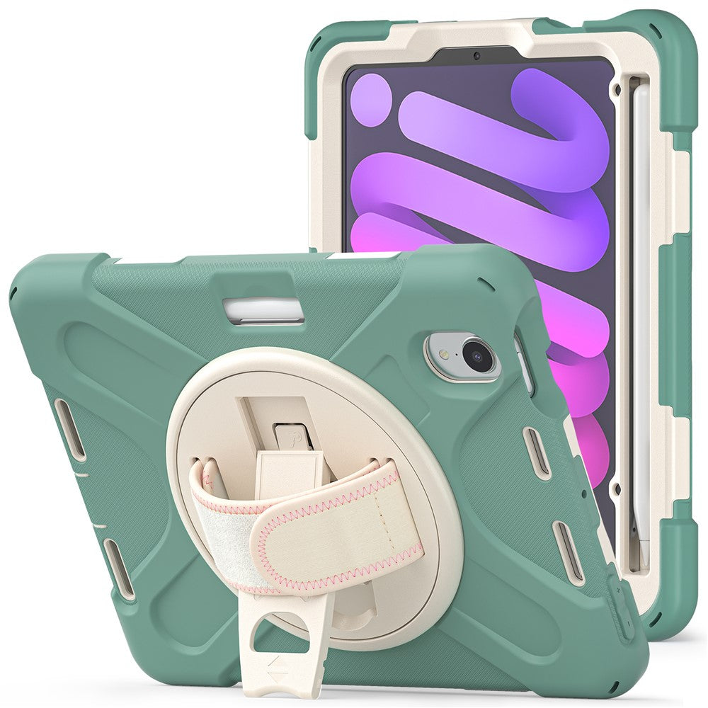 PC + Silicone Hybrid Case Cover Shell with Hand Band 360° Swiveling Kickstand for iPad mini (2024) / mini (2021)