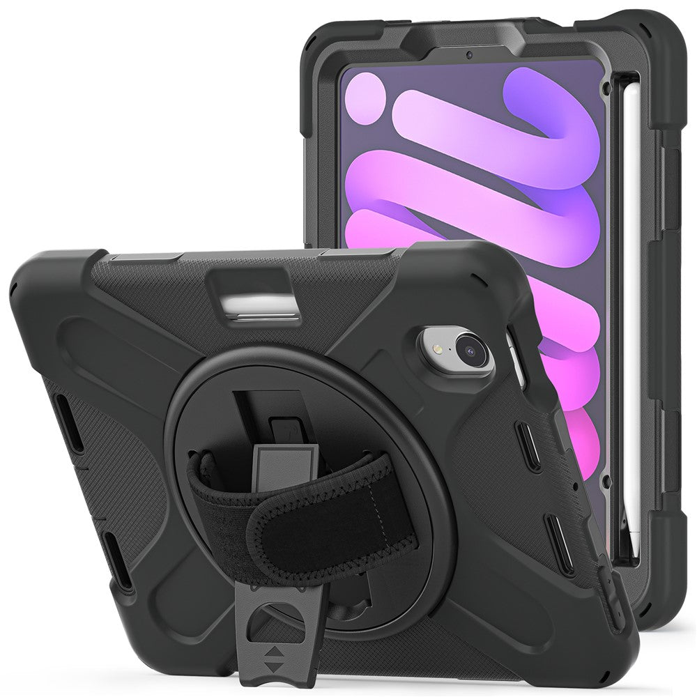 PC + Silicone Hybrid Case Cover Shell with Hand Band 360° Swiveling Kickstand for iPad mini (2024) / mini (2021)