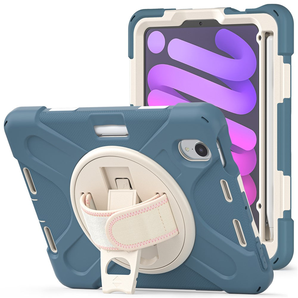 PC + Silicone Hybrid Case Cover Shell with Hand Band 360° Swiveling Kickstand for iPad mini (2024) / mini (2021)