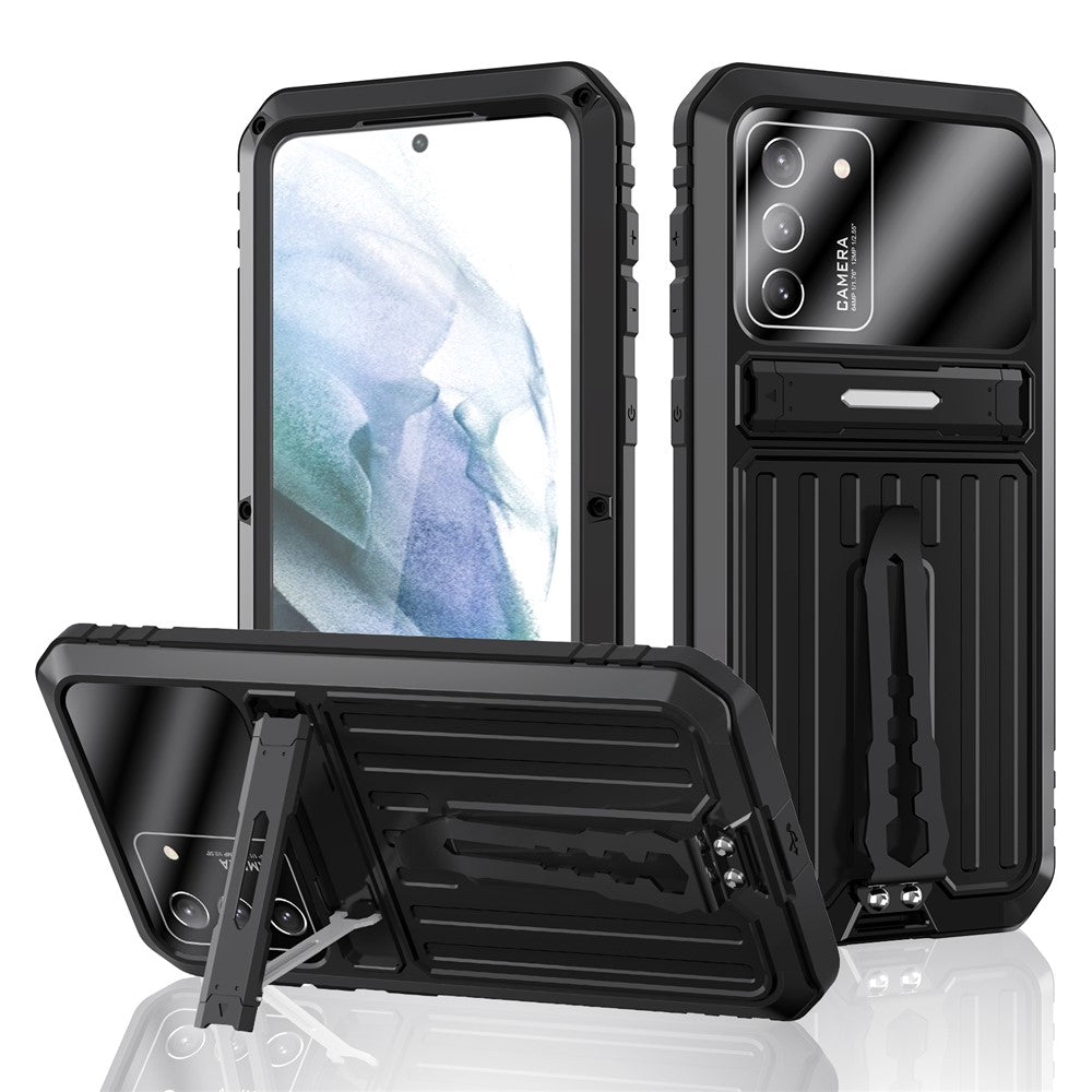 Militärklassat stötsäkert TPU + metallstöd hybridmobilskal med skärmskydd i härdat glas för Samsung Galaxy S21 4G/5G
