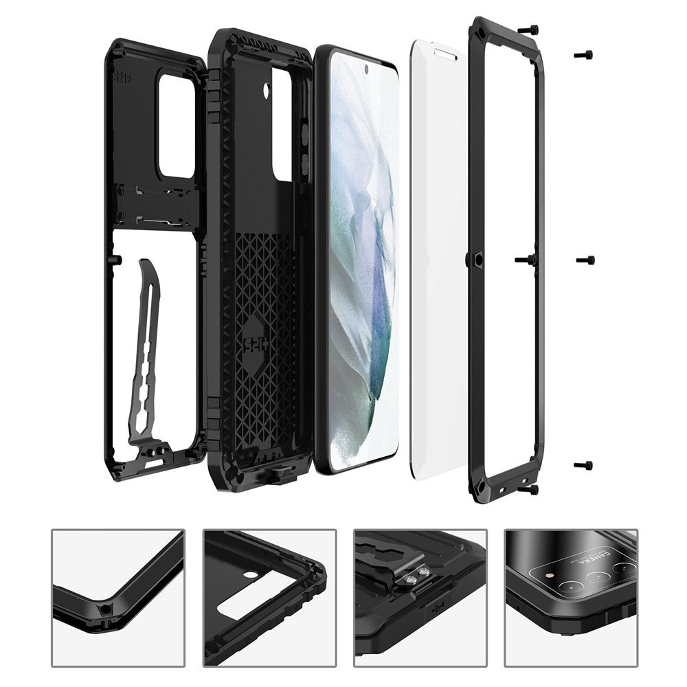 Militärklassat stötsäkert TPU + metallstöd hybridmobilskal med skärmskydd i härdat glas för Samsung Galaxy S21 4G/5G