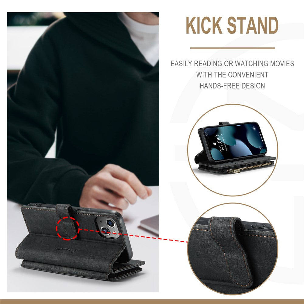 For iPhone 13 Phone Cases with Strap CASEME C30 Zipper Multiple Card Holder PU Leather Cover