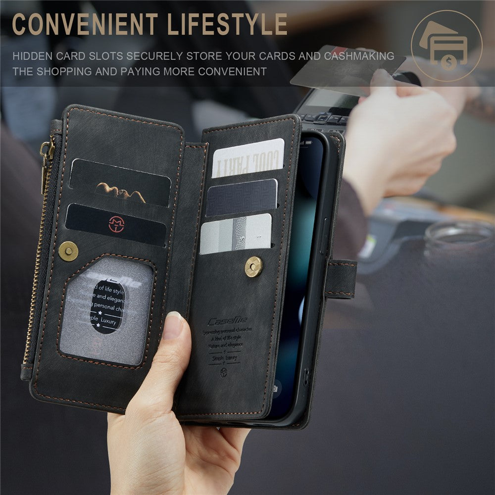 For iPhone 13 Phone Cases with Strap CASEME C30 Zipper Multiple Card Holder PU Leather Cover