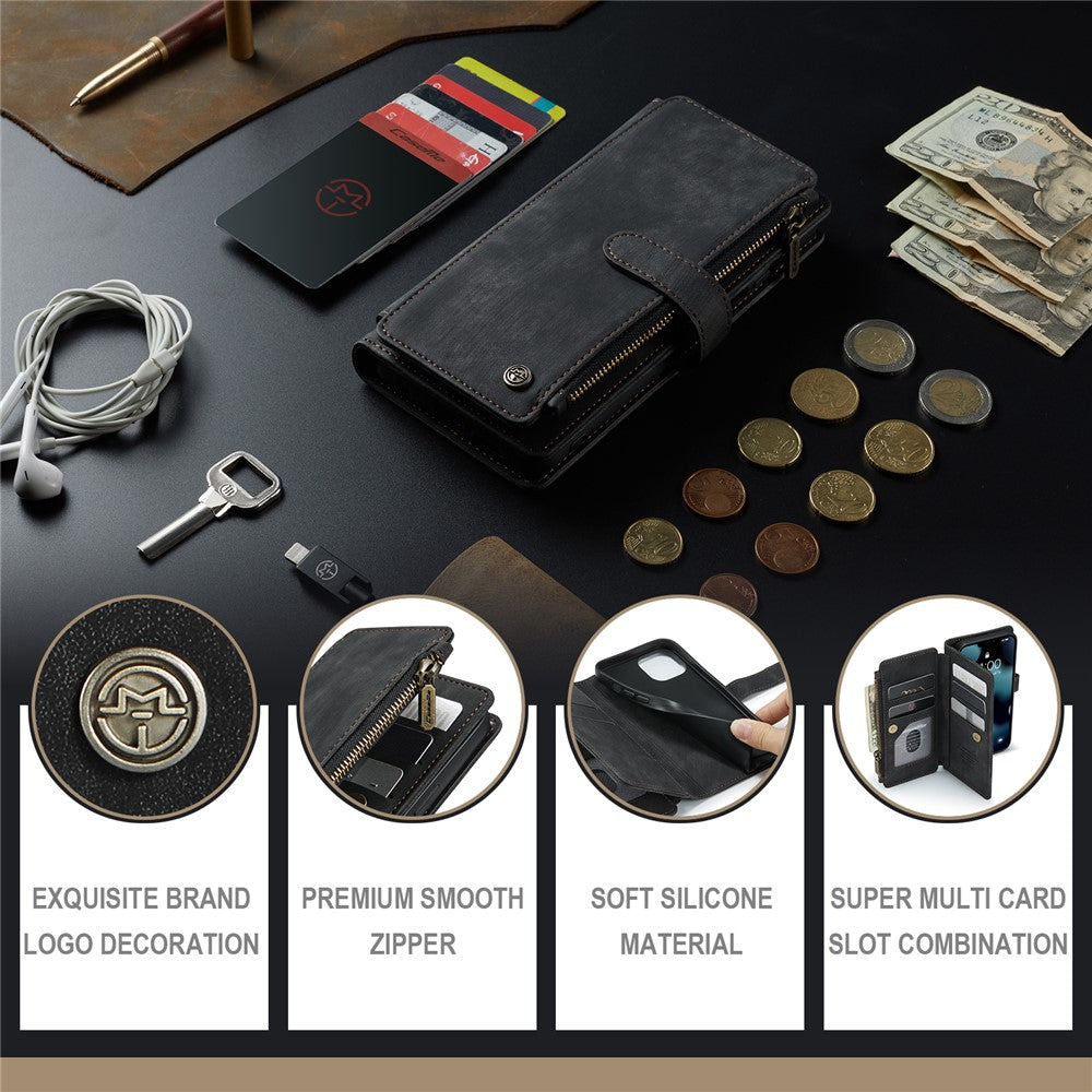 For iPhone 13 Phone Cases with Strap CASEME C30 Zipper Multiple Card Holder PU Leather Cover