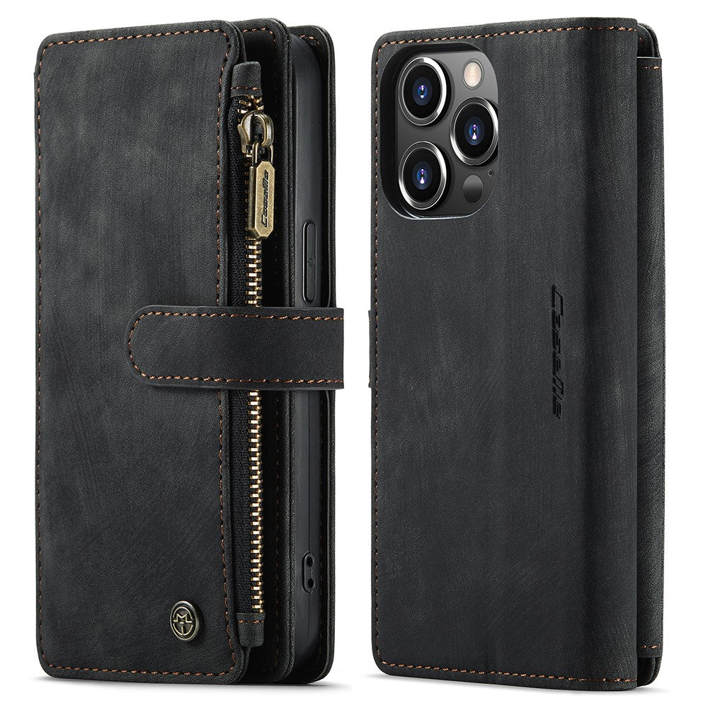 For iPhone 13 Pro Phone Cases with Strap CASEME C30 Zipper Multiple Card Holder PU Leather Cover