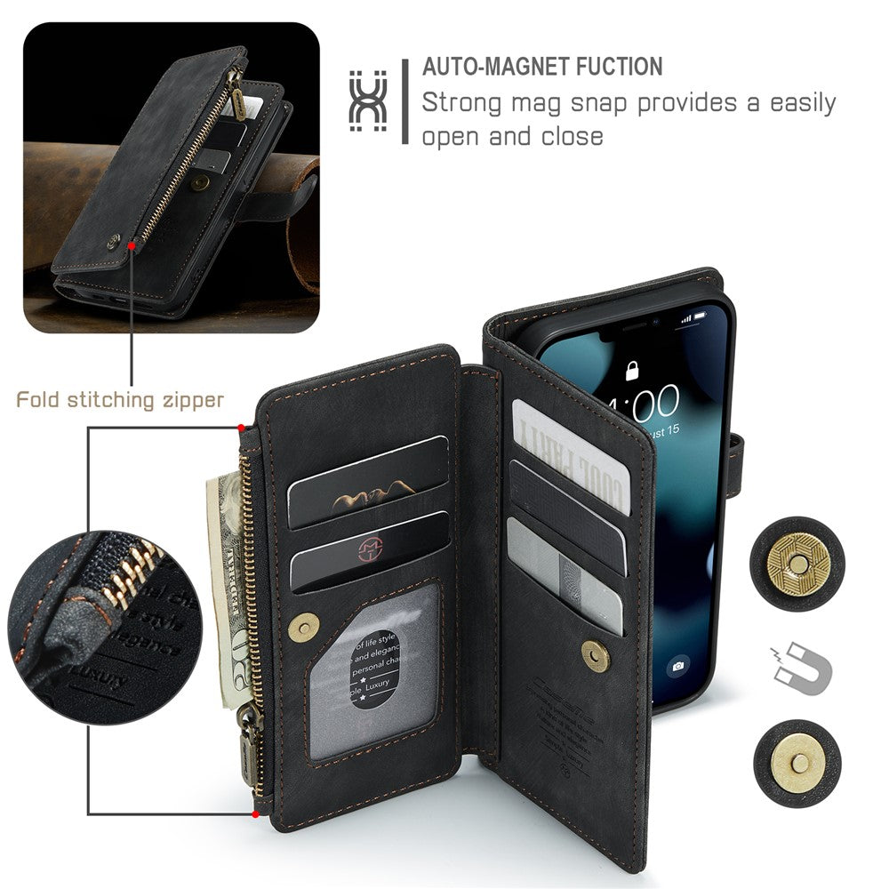 For iPhone 13 Pro Phone Cases with Strap CASEME C30 Zipper Multiple Card Holder PU Leather Cover