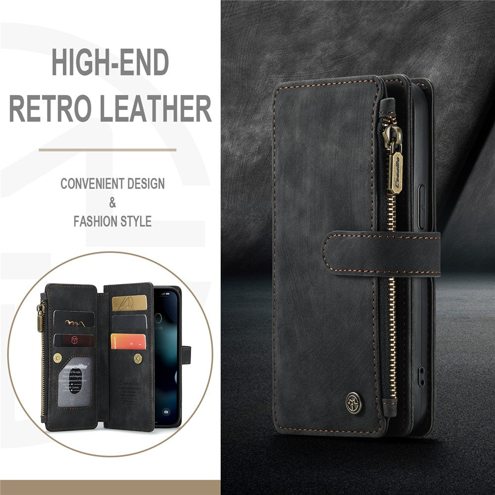 For iPhone 13 Pro Phone Cases with Strap CASEME C30 Zipper Multiple Card Holder PU Leather Cover