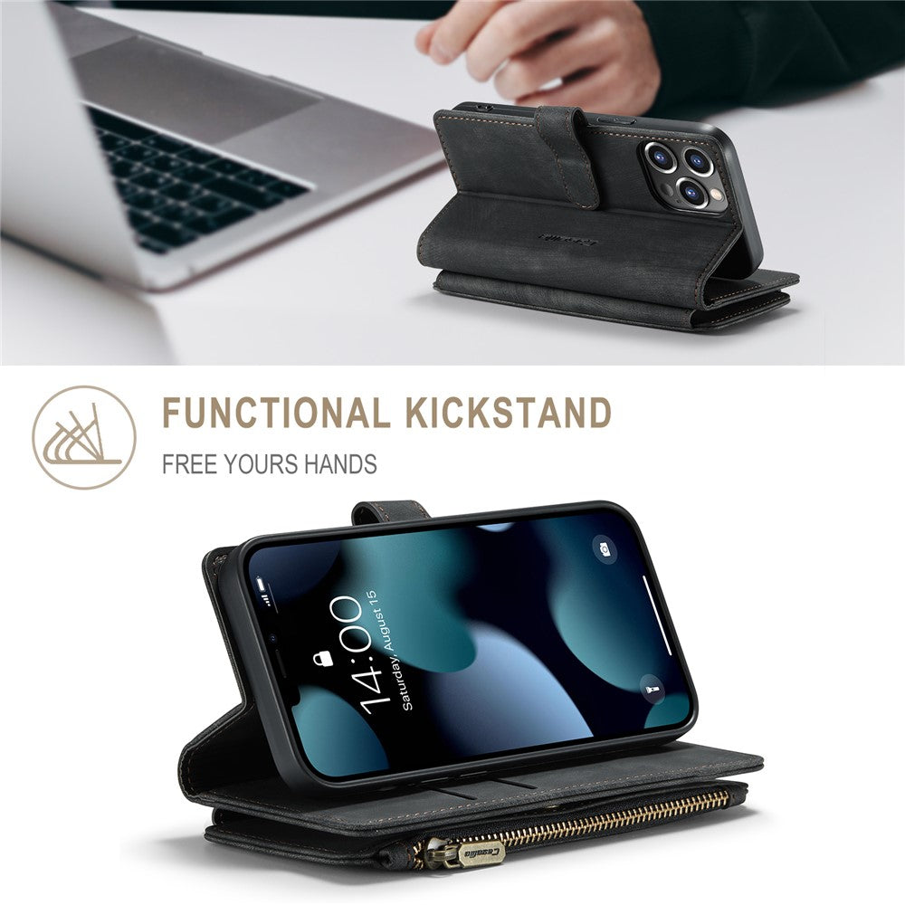 For iPhone 13 Pro Phone Cases with Strap CASEME C30 Zipper Multiple Card Holder PU Leather Cover