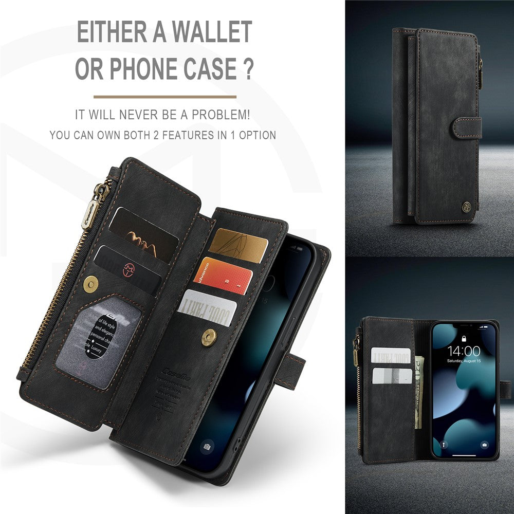 For iPhone 13 Pro Phone Cases with Strap CASEME C30 Zipper Multiple Card Holder PU Leather Cover
