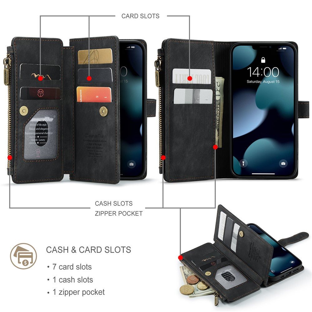 For iPhone 13 Pro Phone Cases with Strap CASEME C30 Zipper Multiple Card Holder PU Leather Cover