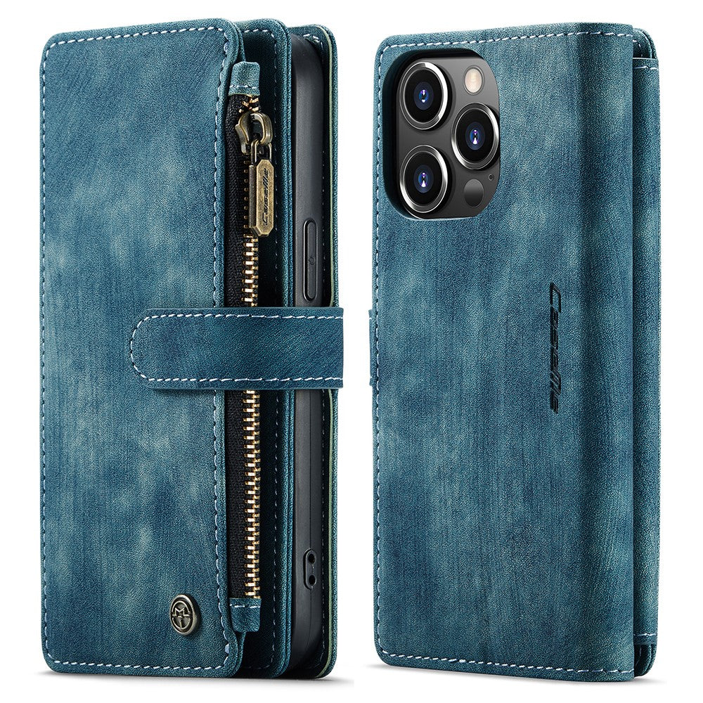 For iPhone 13 Pro Phone Cases with Strap CASEME C30 Zipper Multiple Card Holder PU Leather Cover