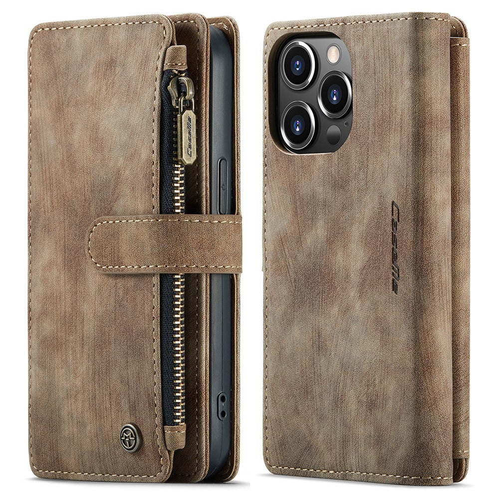 For iPhone 13 Pro Phone Cases with Strap CASEME C30 Zipper Multiple Card Holder PU Leather Cover