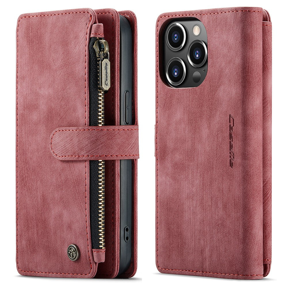 For iPhone 13 Pro Phone Cases with Strap CASEME C30 Zipper Multiple Card Holder PU Leather Cover