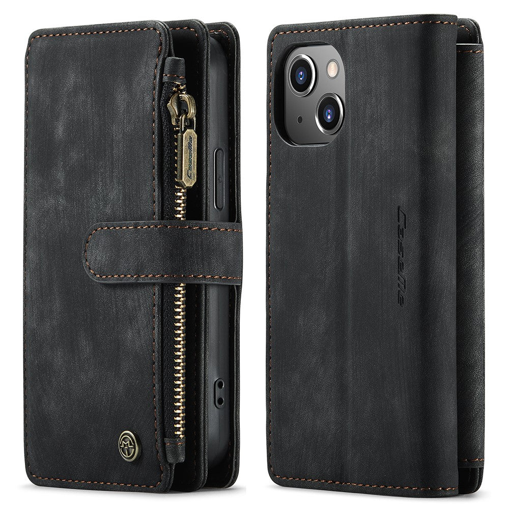 For iPhone 13 mini Phone Cases with Strap CASEME C30 Zipper Multiple Card Holder PU Leather Cover