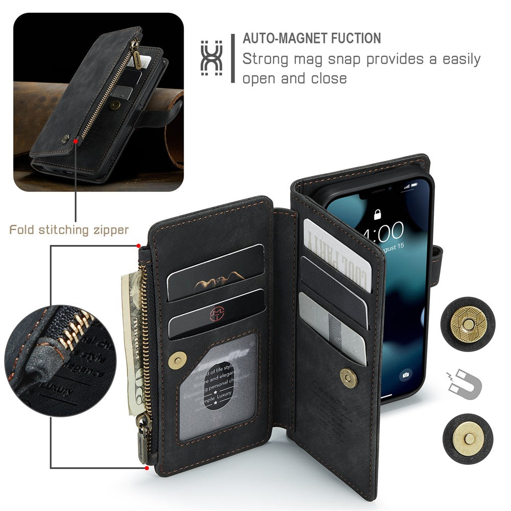 For iPhone 13 mini Phone Cases with Strap CASEME C30 Zipper Multiple Card Holder PU Leather Cover