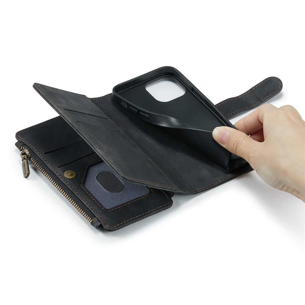 For iPhone 13 mini Phone Cases with Strap CASEME C30 Zipper Multiple Card Holder PU Leather Cover