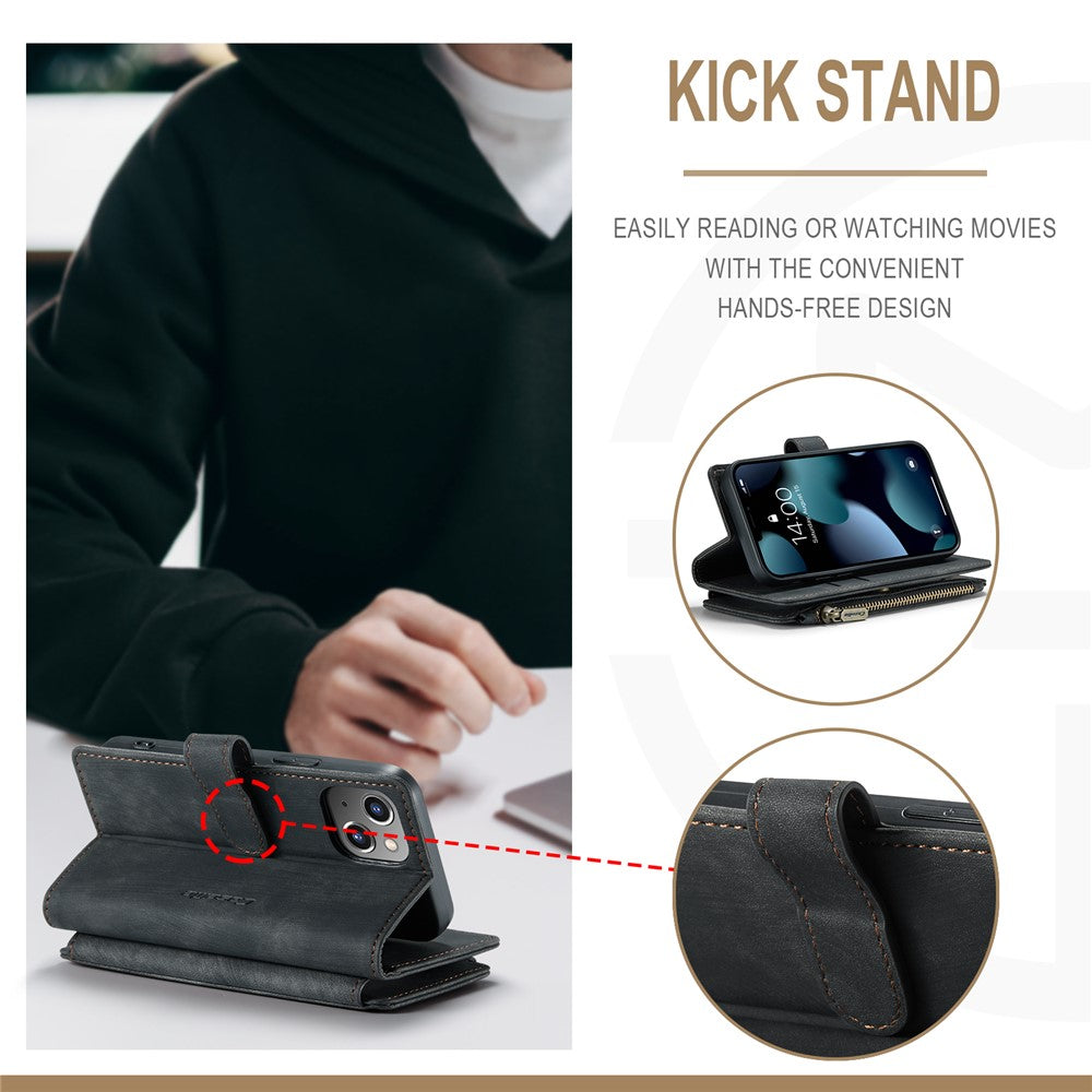 For iPhone 13 mini Phone Cases with Strap CASEME C30 Zipper Multiple Card Holder PU Leather Cover
