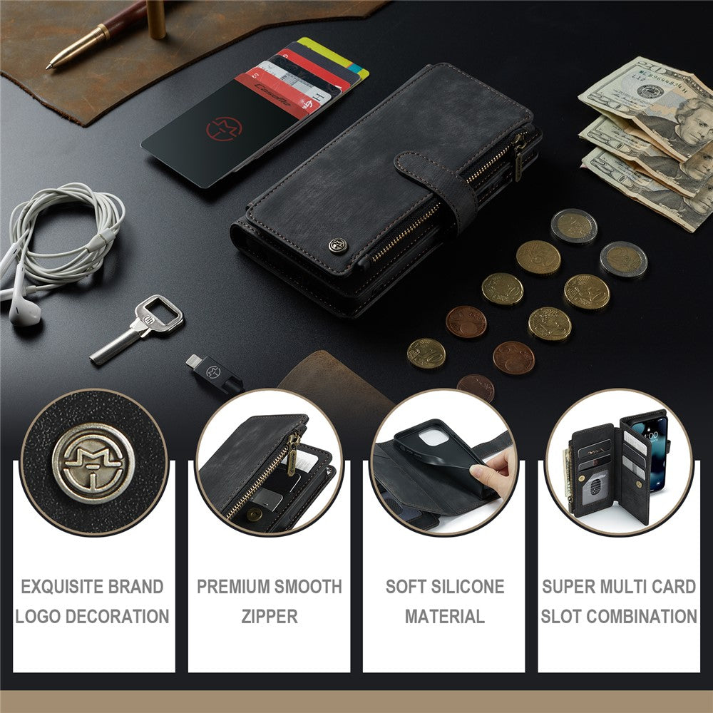 For iPhone 13 mini Phone Cases with Strap CASEME C30 Zipper Multiple Card Holder PU Leather Cover