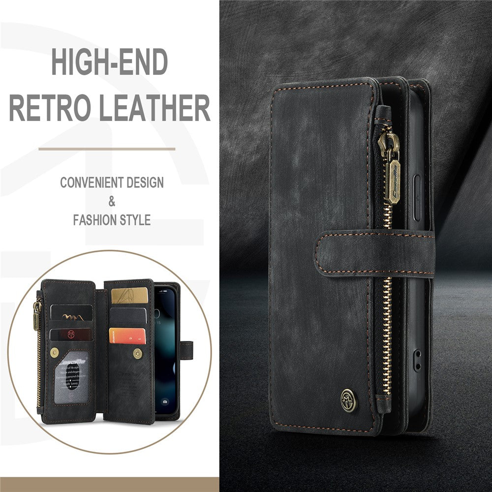 For iPhone 13 mini Phone Cases with Strap CASEME C30 Zipper Multiple Card Holder PU Leather Cover