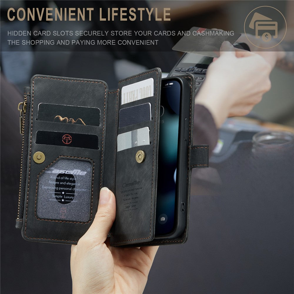 For iPhone 13 mini Phone Cases with Strap CASEME C30 Zipper Multiple Card Holder PU Leather Cover