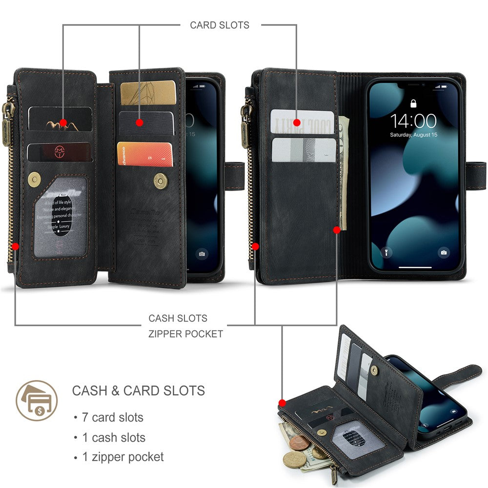 For iPhone 13 mini Phone Cases with Strap CASEME C30 Zipper Multiple Card Holder PU Leather Cover
