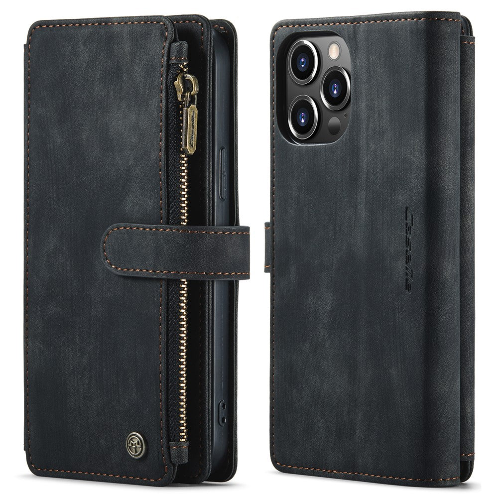 For iPhone 13 Pro Max Phone Cases with Strap CASEME C30 Zipper Multiple Card Holder PU Leather Cover