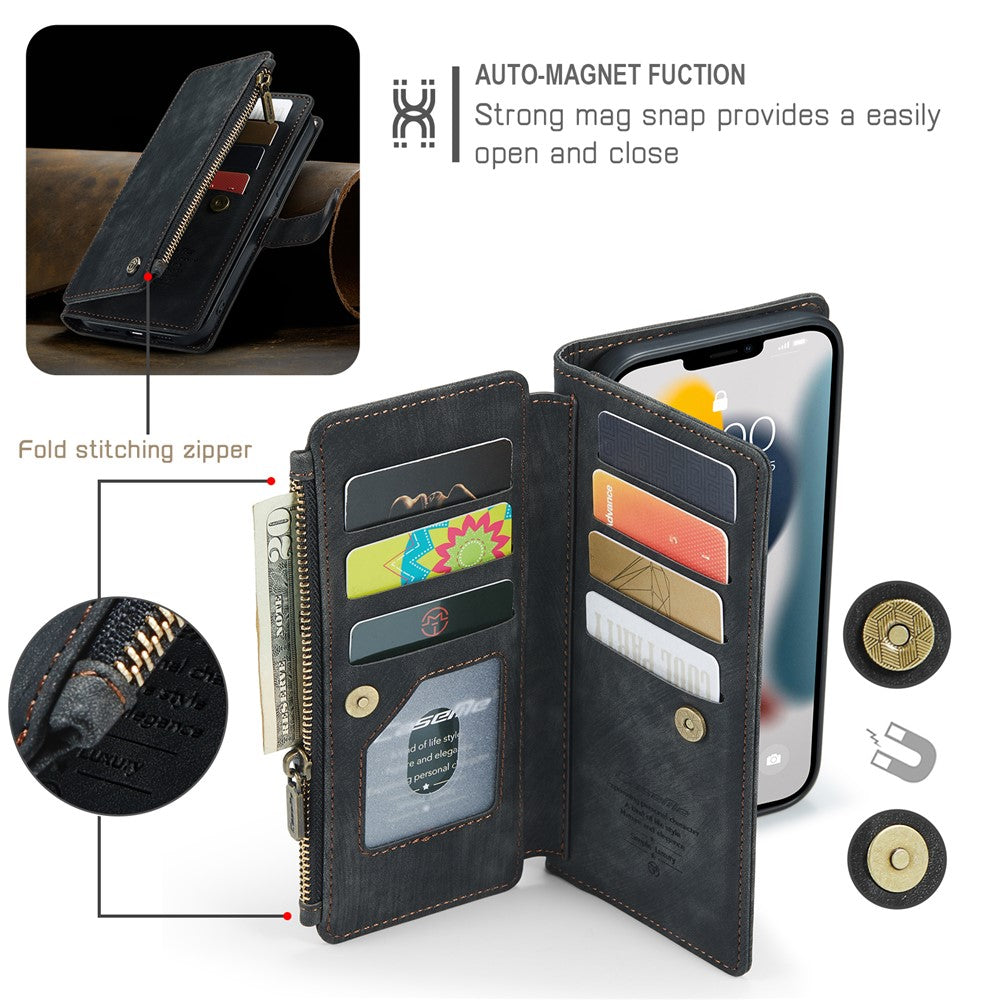 For iPhone 13 Pro Max Phone Cases with Strap CASEME C30 Zipper Multiple Card Holder PU Leather Cover