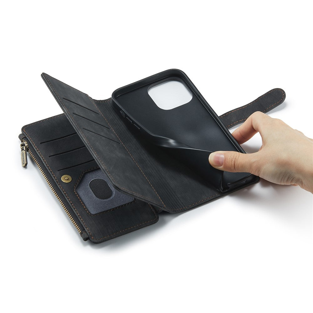 For iPhone 13 Pro Max Phone Cases with Strap CASEME C30 Zipper Multiple Card Holder PU Leather Cover