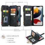 For iPhone 13 Pro Max Phone Cases with Strap CASEME C30 Zipper Multiple Card Holder PU Leather Cover