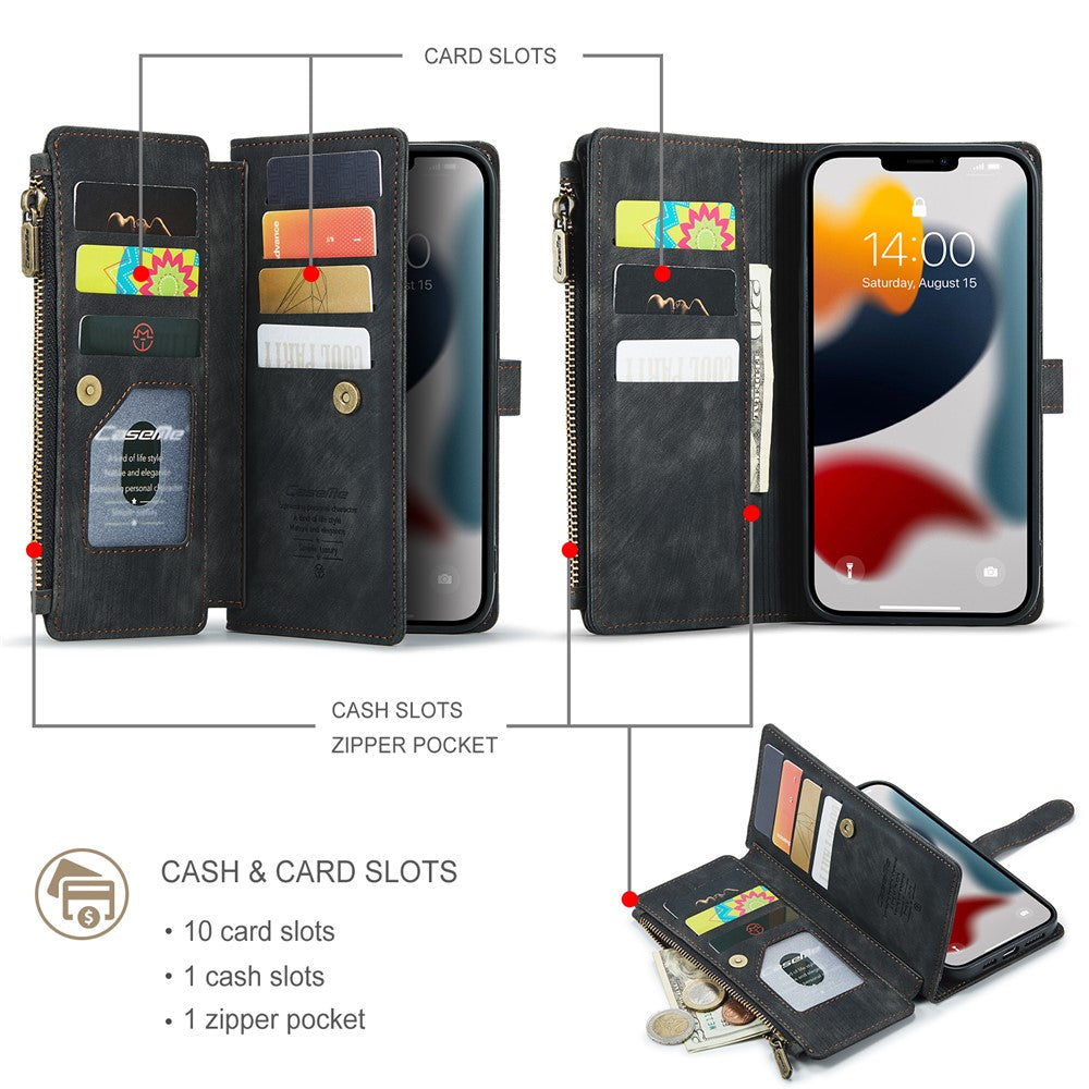 For iPhone 13 Pro Max Phone Cases with Strap CASEME C30 Zipper Multiple Card Holder PU Leather Cover