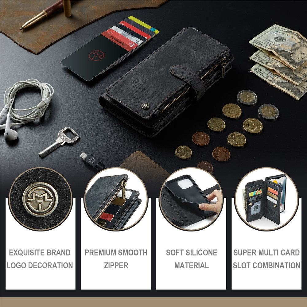 For iPhone 13 Pro Max Phone Cases with Strap CASEME C30 Zipper Multiple Card Holder PU Leather Cover