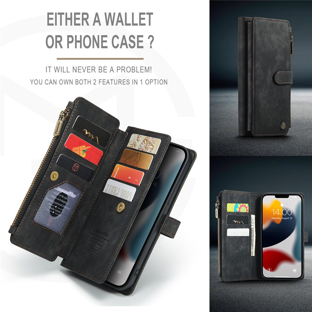 For iPhone 13 Pro Max Phone Cases with Strap CASEME C30 Zipper Multiple Card Holder PU Leather Cover